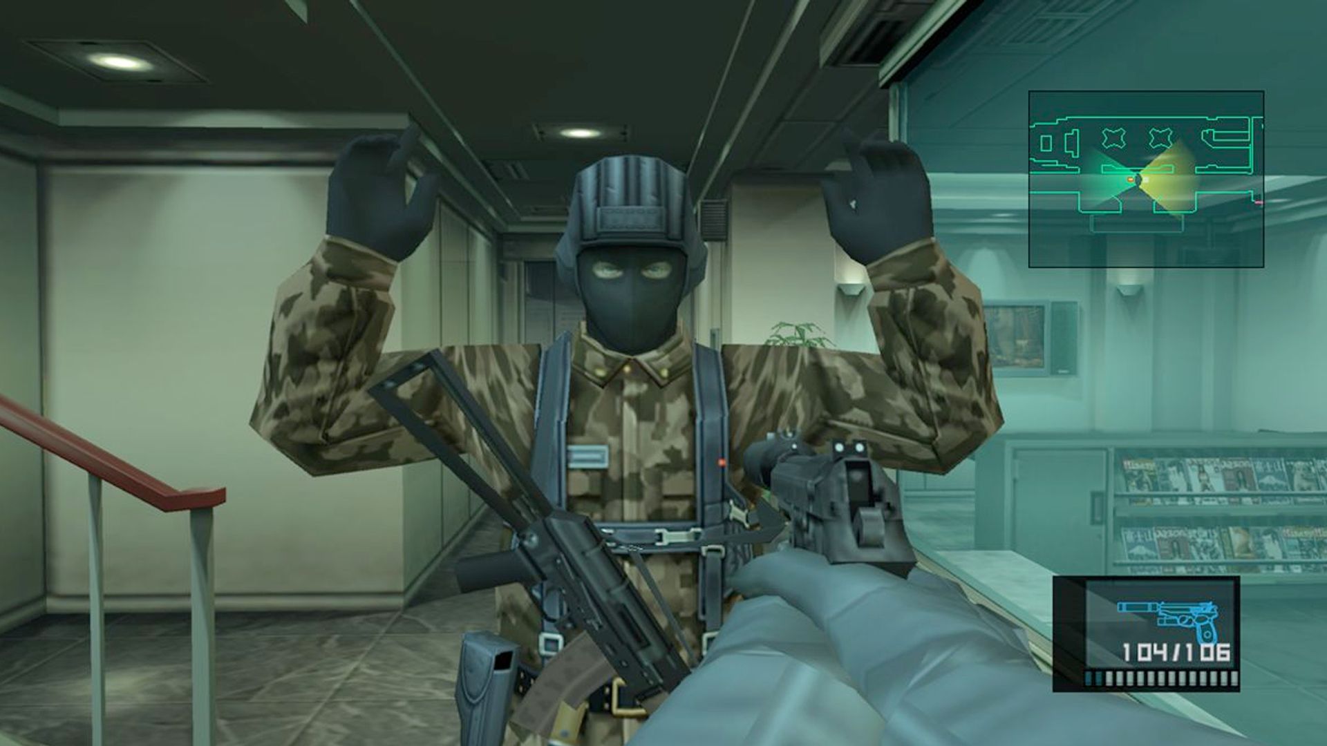 MGS2 screenshot, Snake holding up a soldier
