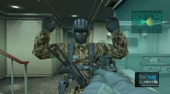 MGS2 screenshot, Snake holding up a soldier