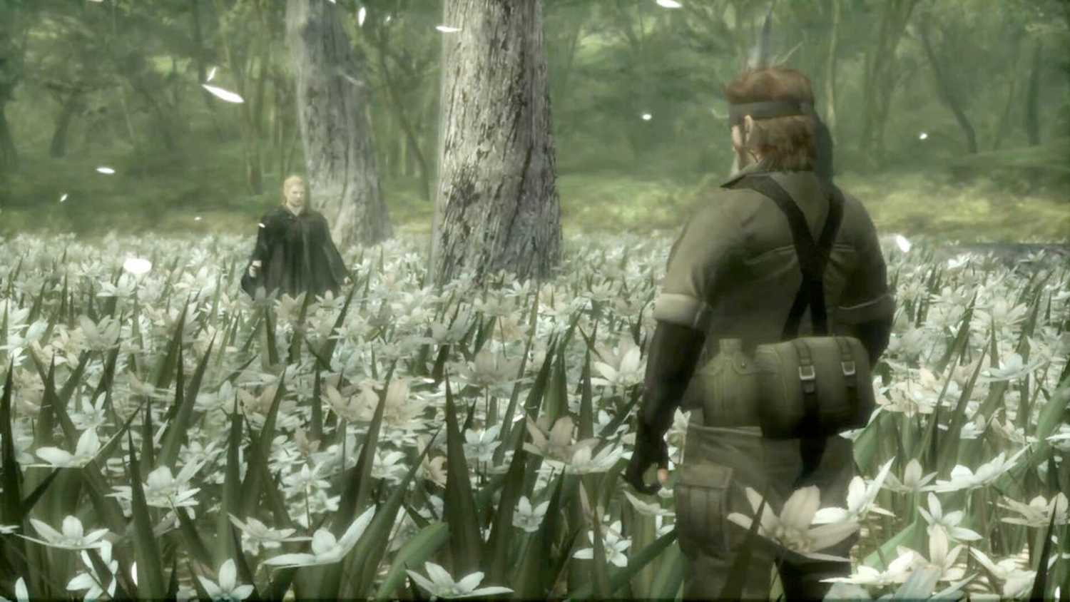 MGS3 HD screenshot of The Boss and Snake standing in a field of flowers, ready to face off