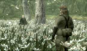 MGS3 HD screenshot of The Boss and Snake standing in a field of flowers, ready to face off