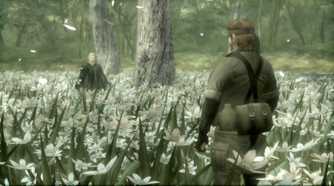 MGS3 HD screenshot of The Boss and Snake standing in a field of flowers, ready to face off