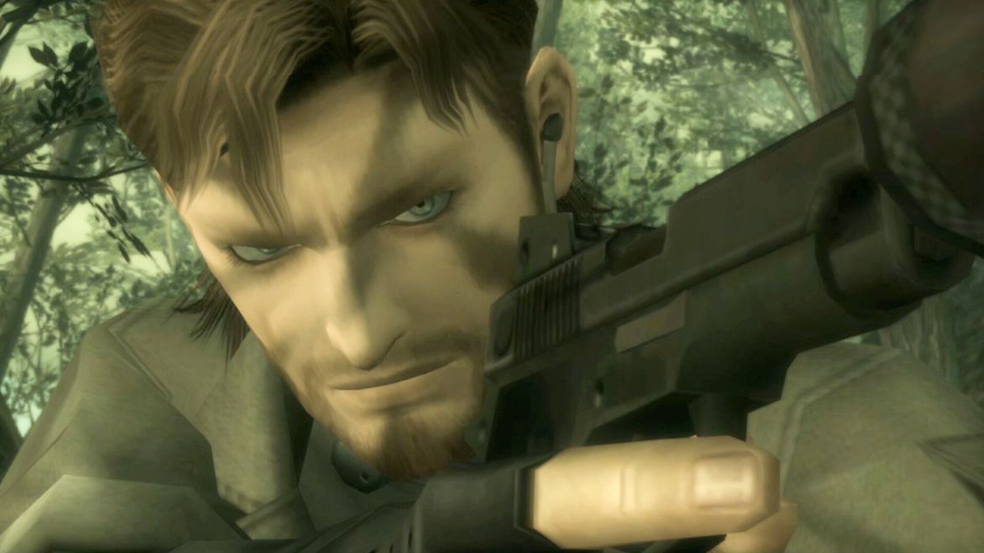 MGS3 HD screenshot of Snake pointing his gun off camera, ready for action