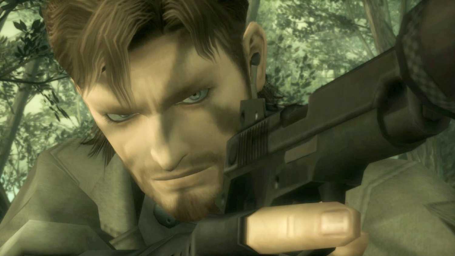 MGS3 HD screenshot of Snake pointing his gun off camera, ready for action