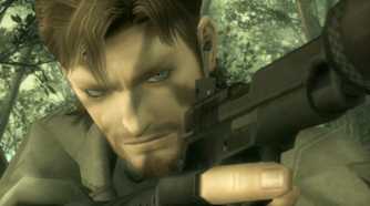 MGS3 HD screenshot of Snake pointing his gun off camera, ready for action