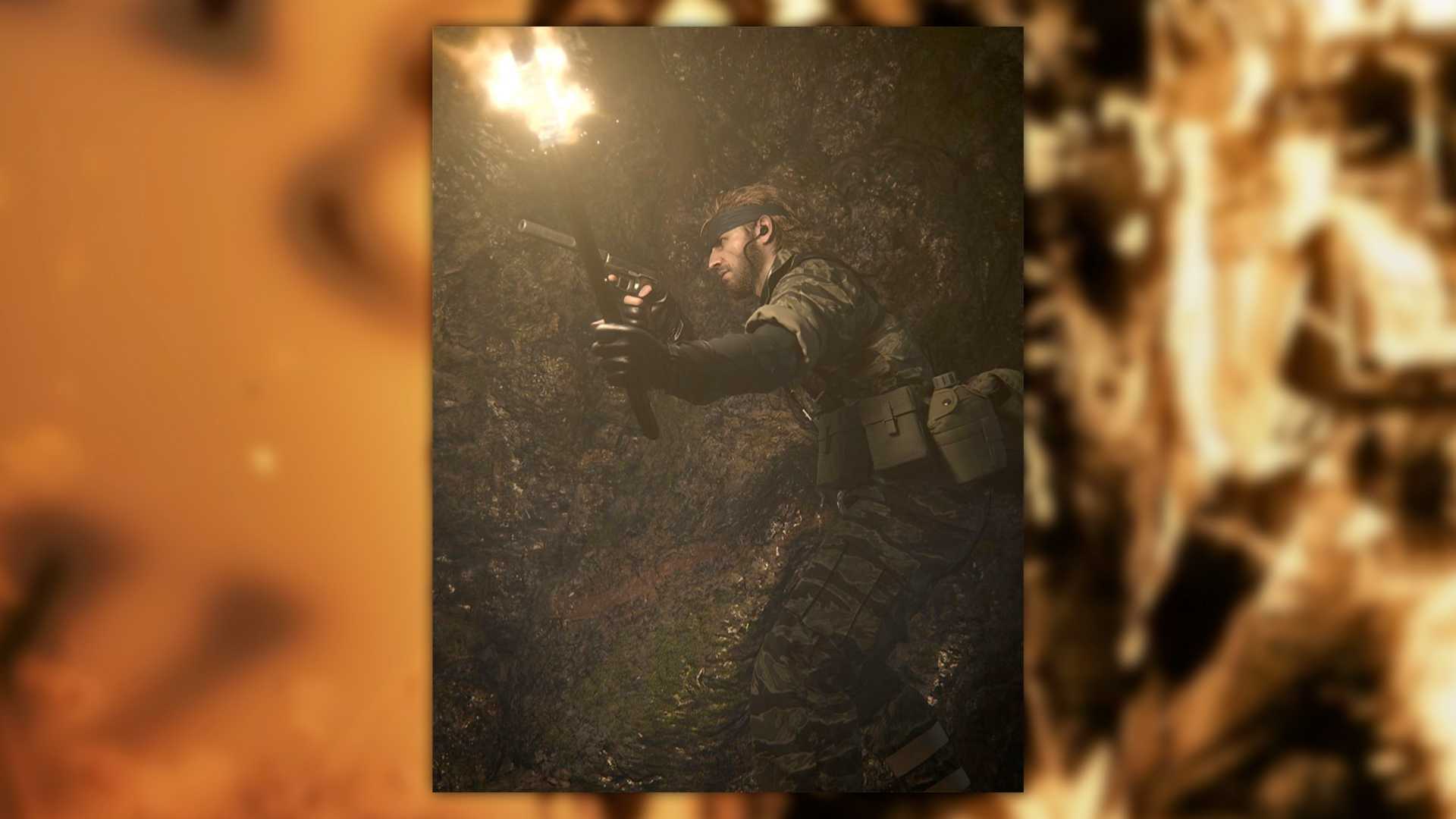 MGS3 Pachinko screenshot of Snake sneaking through a cave with a fire torch