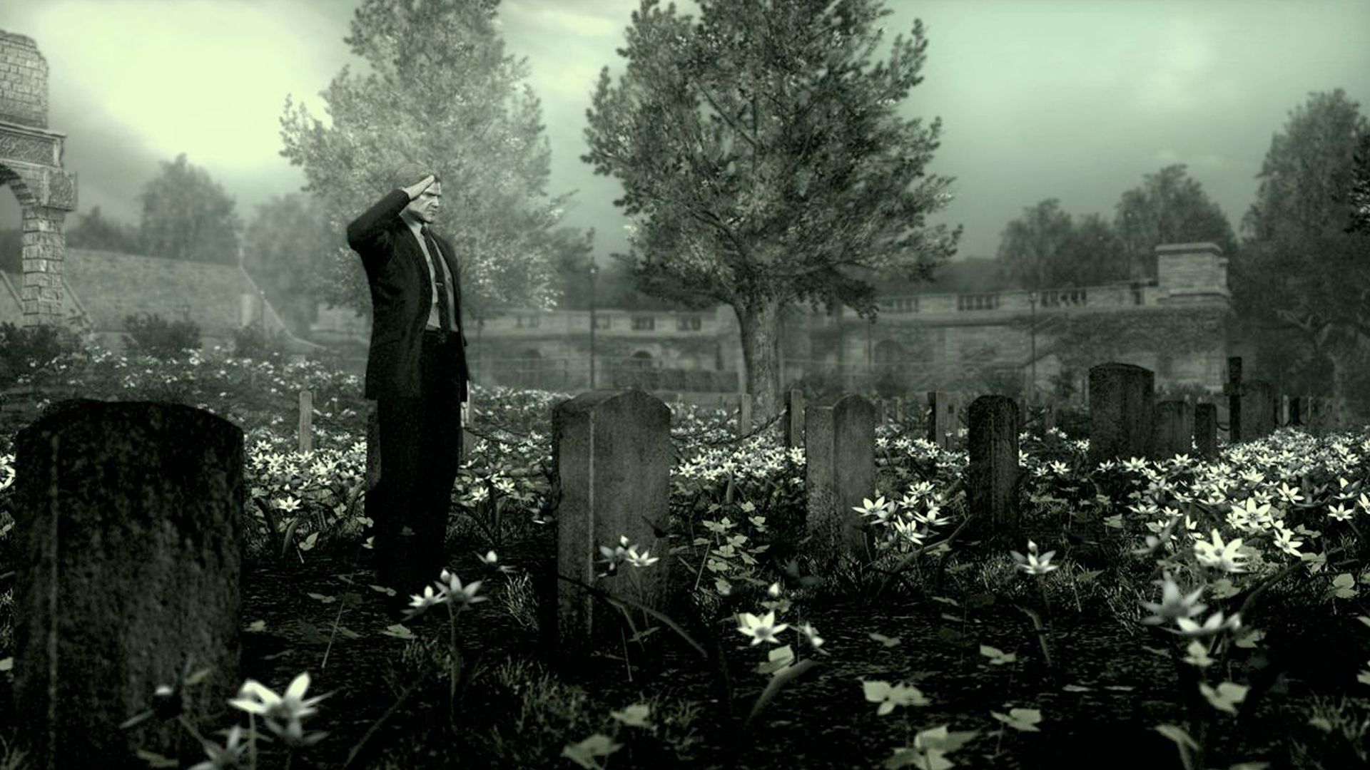 Metal Gear Solid 4 screenshot, Snake saluting at a grave, surrounded by white flowers