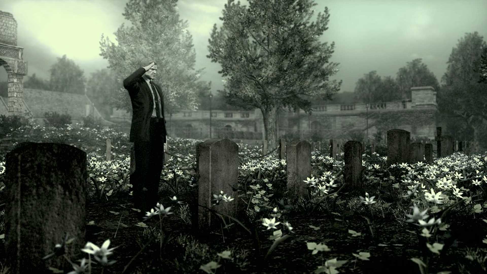 Metal Gear Solid 4 screenshot, Snake saluting at a grave, surrounded by white flowers