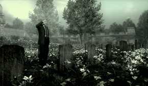 Metal Gear Solid 4 screenshot, Snake saluting at a grave, surrounded by white flowers