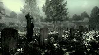 Metal Gear Solid 4 screenshot, Snake saluting at a grave, surrounded by white flowers