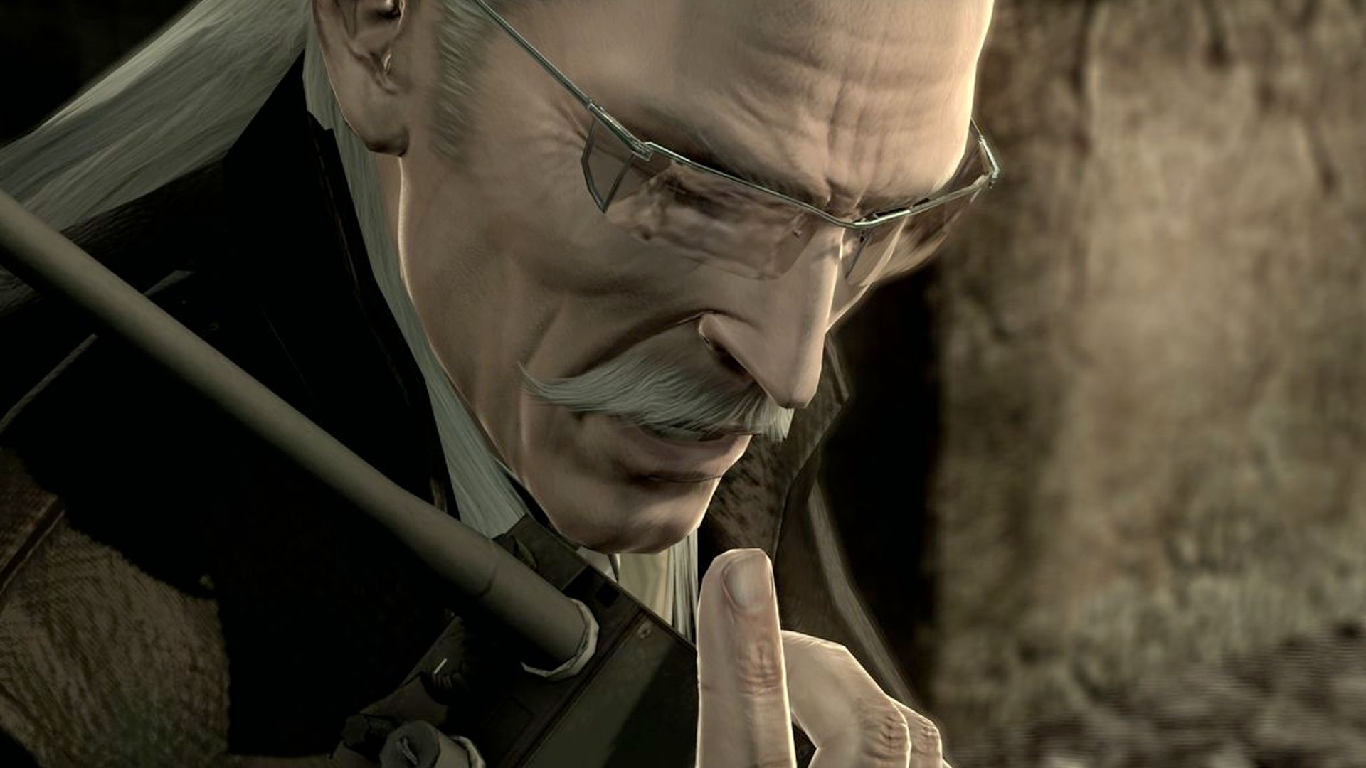 Metal Gear Solid 4 screenshot, close up shot of Ocelot on a walkie talkie