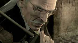 Metal Gear Solid 4 screenshot, close up shot of Ocelot on a walkie talkie