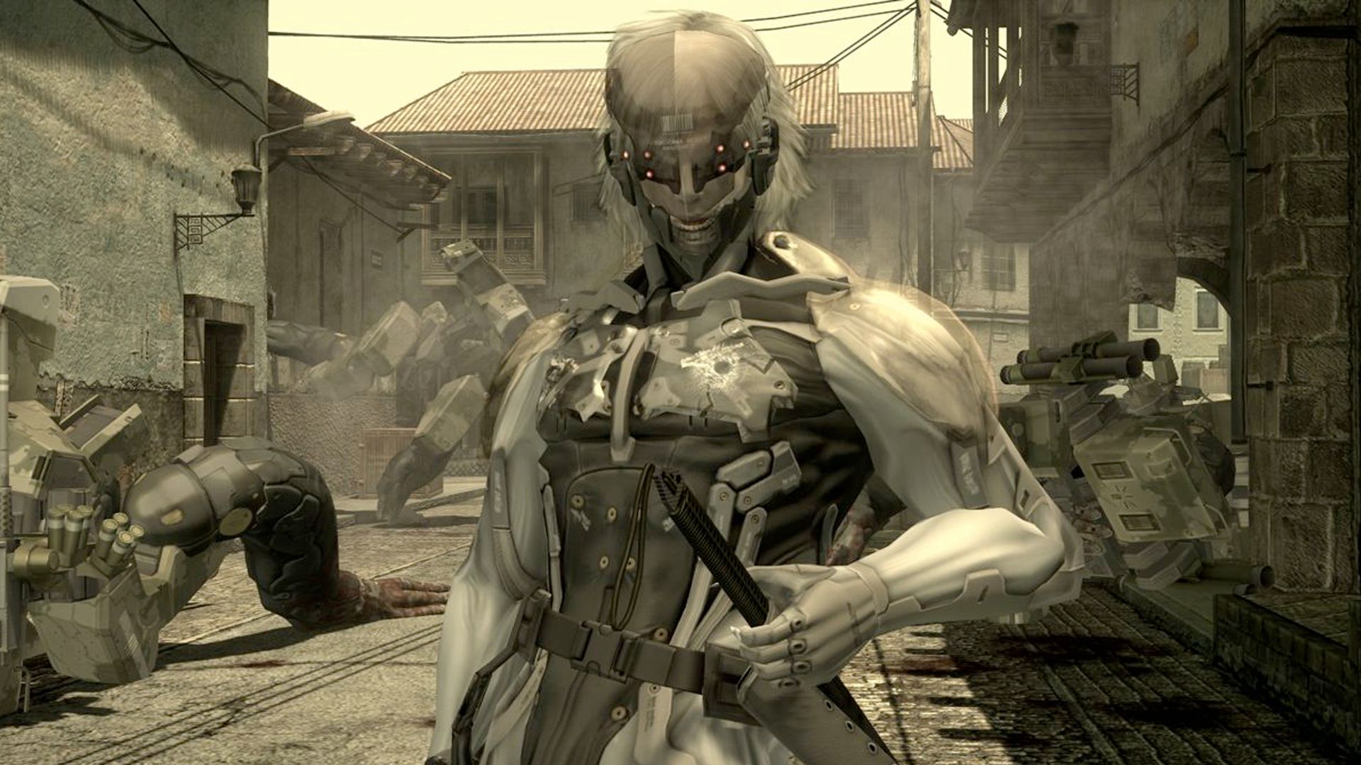 Metal Gear Solid 4 screenshot, Raiden standing with his sword sheathed 