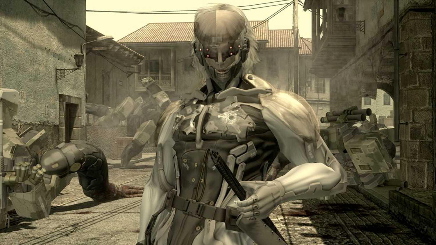 Metal Gear Solid 4 screenshot, Raiden standing with his sword sheathed