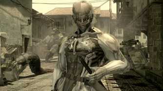 Metal Gear Solid 4 screenshot, Raiden standing with his sword sheathed
