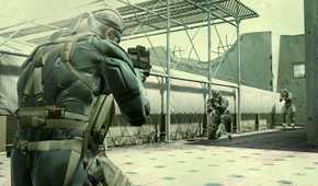 Metal Gear Solid 4 screenshot, Snake pointing a gun mid gun fight with two guards