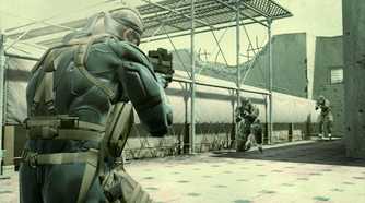 Metal Gear Solid 4 screenshot, Snake pointing a gun mid gun fight with two guards