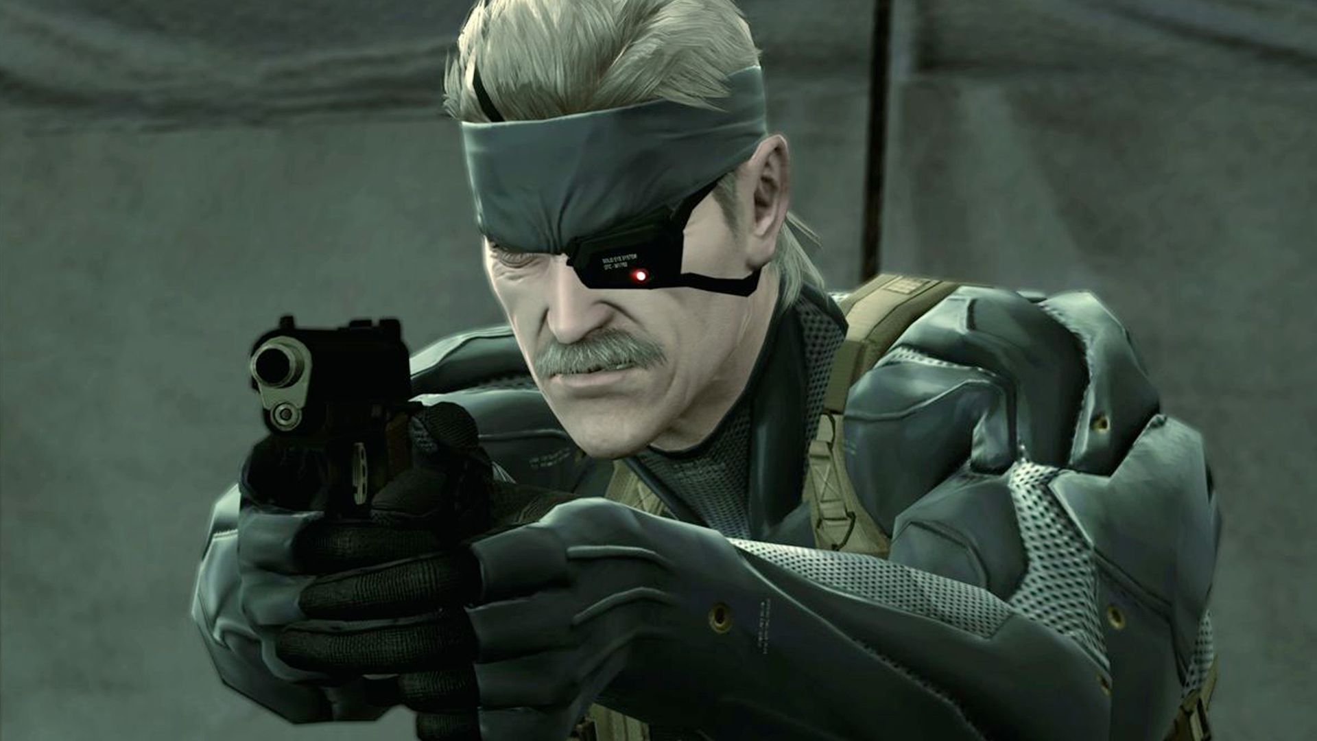 Metal Gear Solid 4 screenshot, Snake pointing a gun towards someone off screen