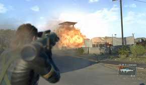 Metal Gear Solid V: Ground Zeroes screeshot, Snake shoots a rocket launcher at a now exploding tower