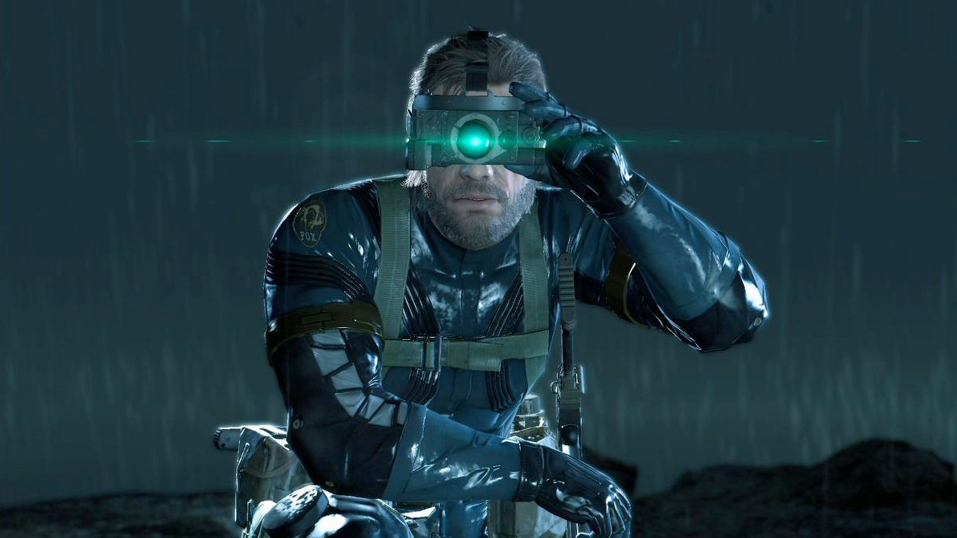 MGSV Ground Zeroes screenshot, Snake perched at top of cliff with night vision goggles on