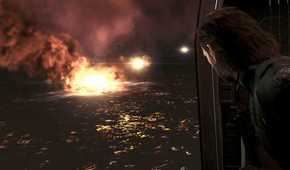 MGSV Ground Zeroes screenshot, Snake looks out of the helicopter at the destruction of Mother Base