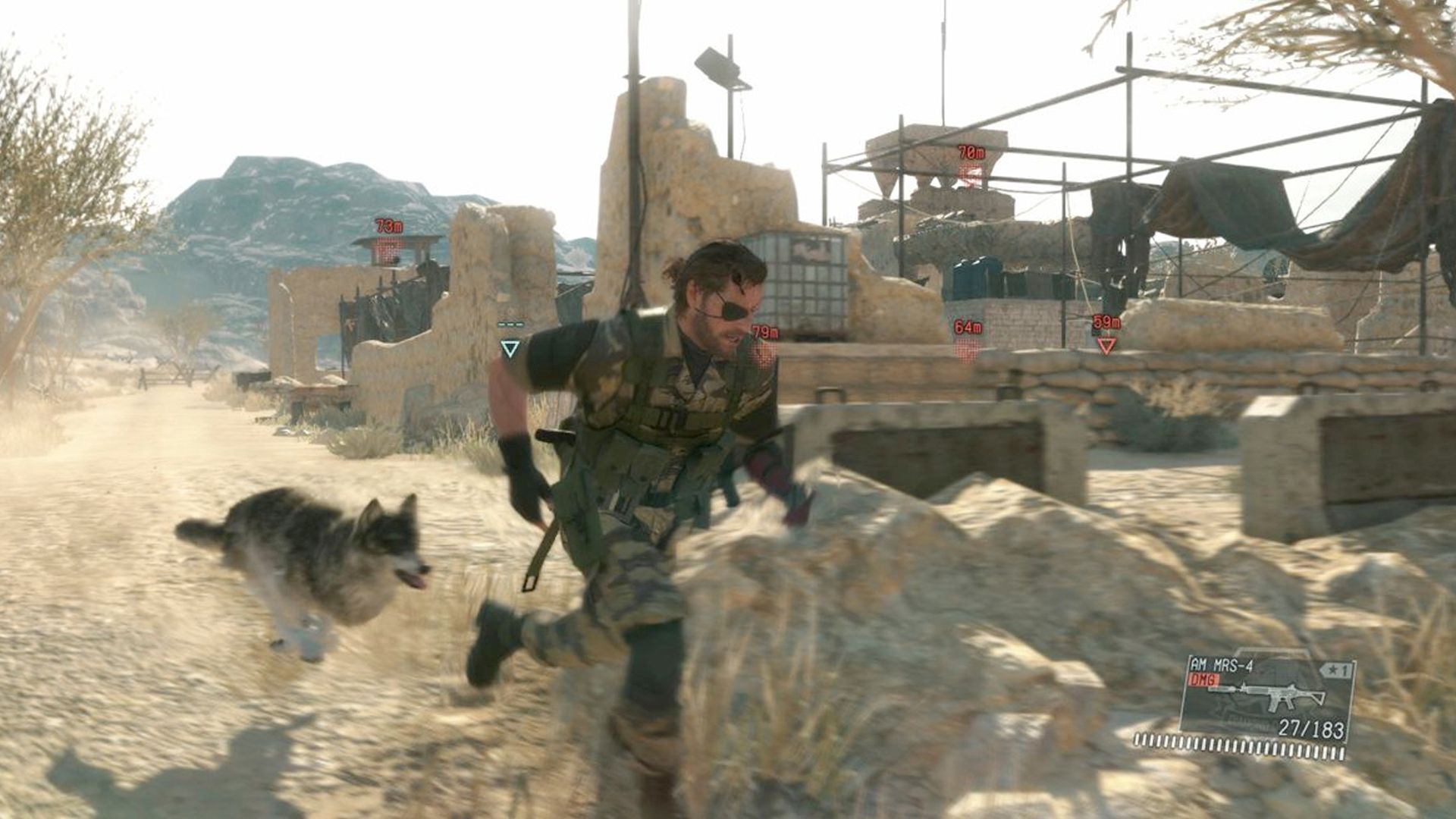 MGSV The Phantom Pain screenshot, Snake and D-Dog running across the area