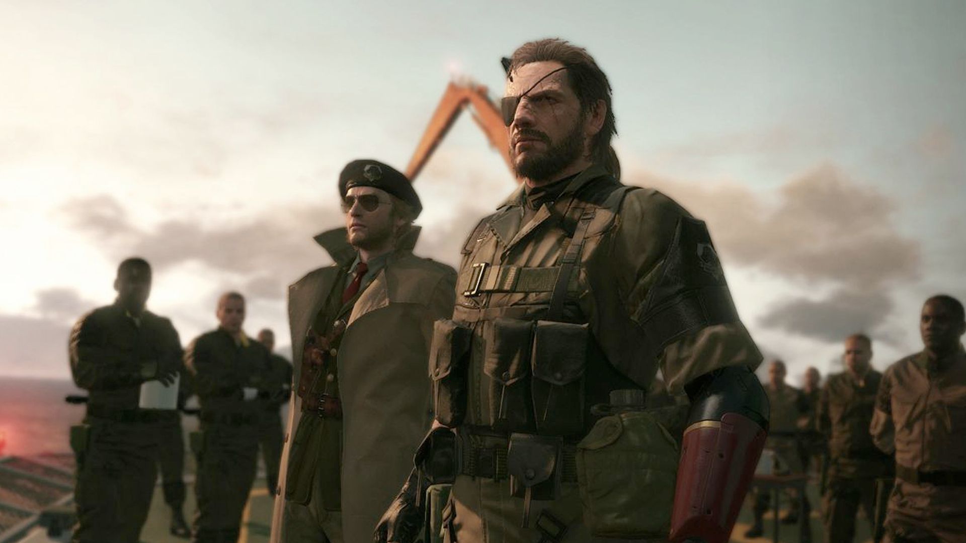 MGSV The Phantom Pain screenshot, Snake, Kaz and soldiers looking into distance