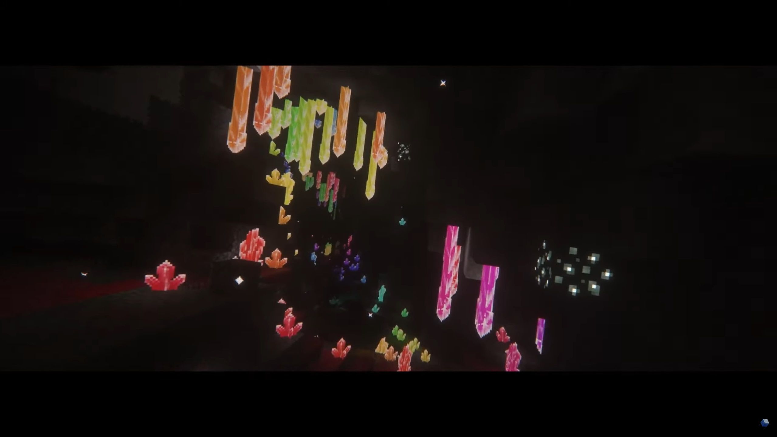 Screenshot of Minecraft video game with Fear Nightfall: Remains of Chaos mod installed of bright diamonds hanging from ceiling and coming out of the ground.