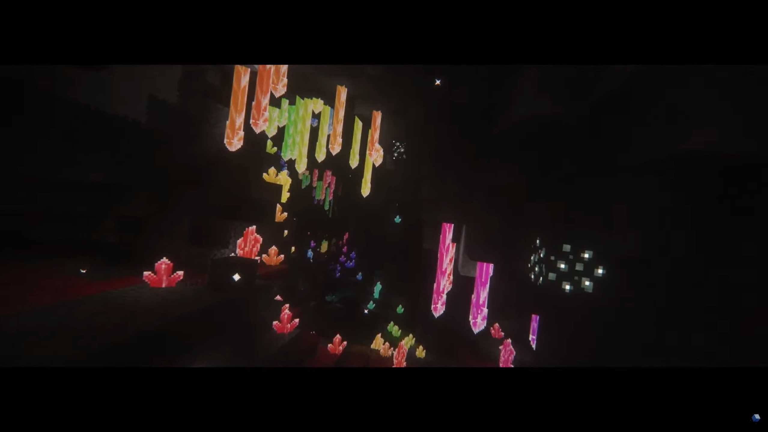 Screenshot of Minecraft video game with Fear Nightfall: Remains of Chaos mod installed of bright diamonds hanging from ceiling and coming out of the ground.