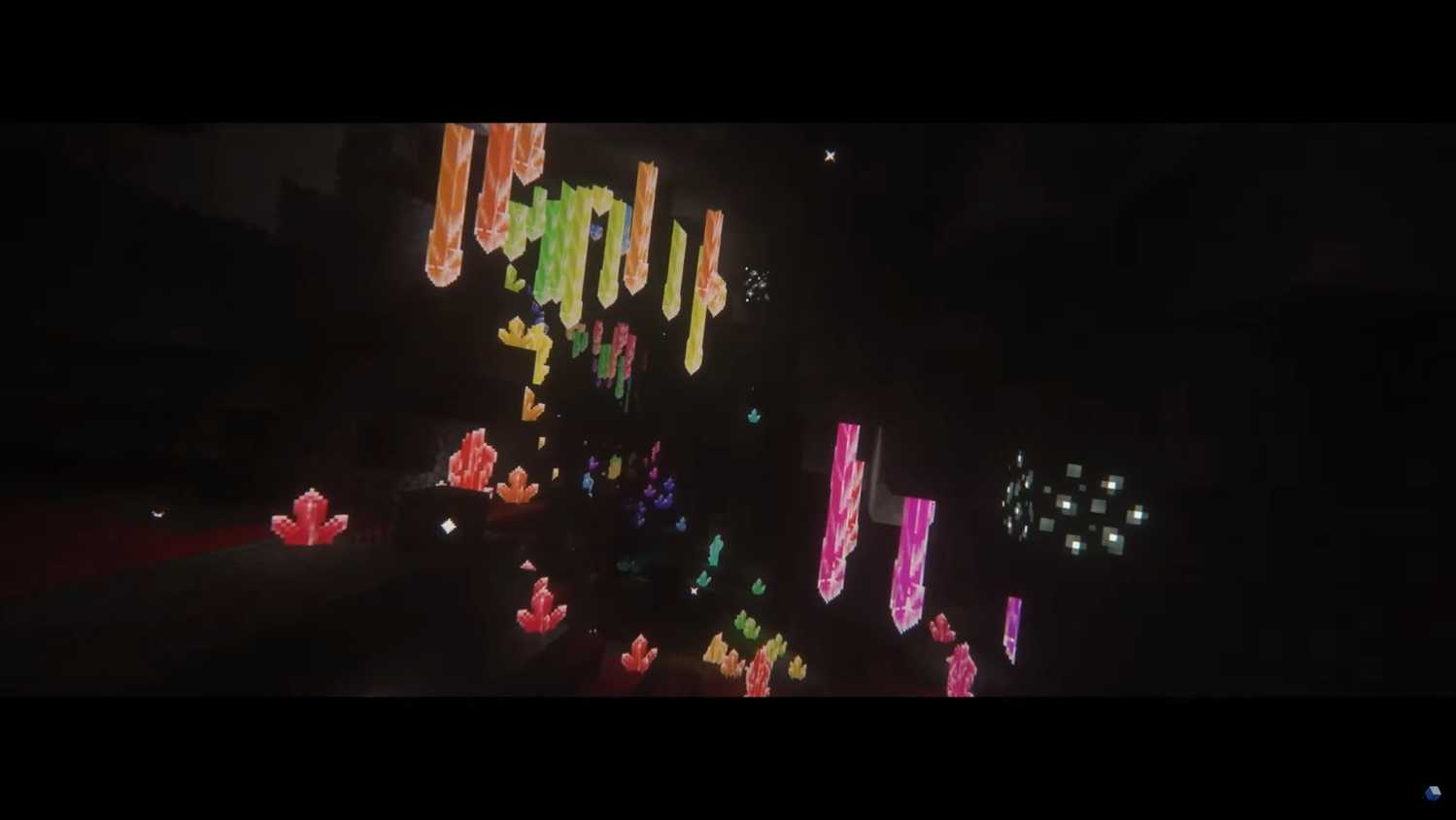 Screenshot of Minecraft video game with Fear Nightfall: Remains of Chaos mod installed of bright diamonds hanging from ceiling and coming out of the ground.