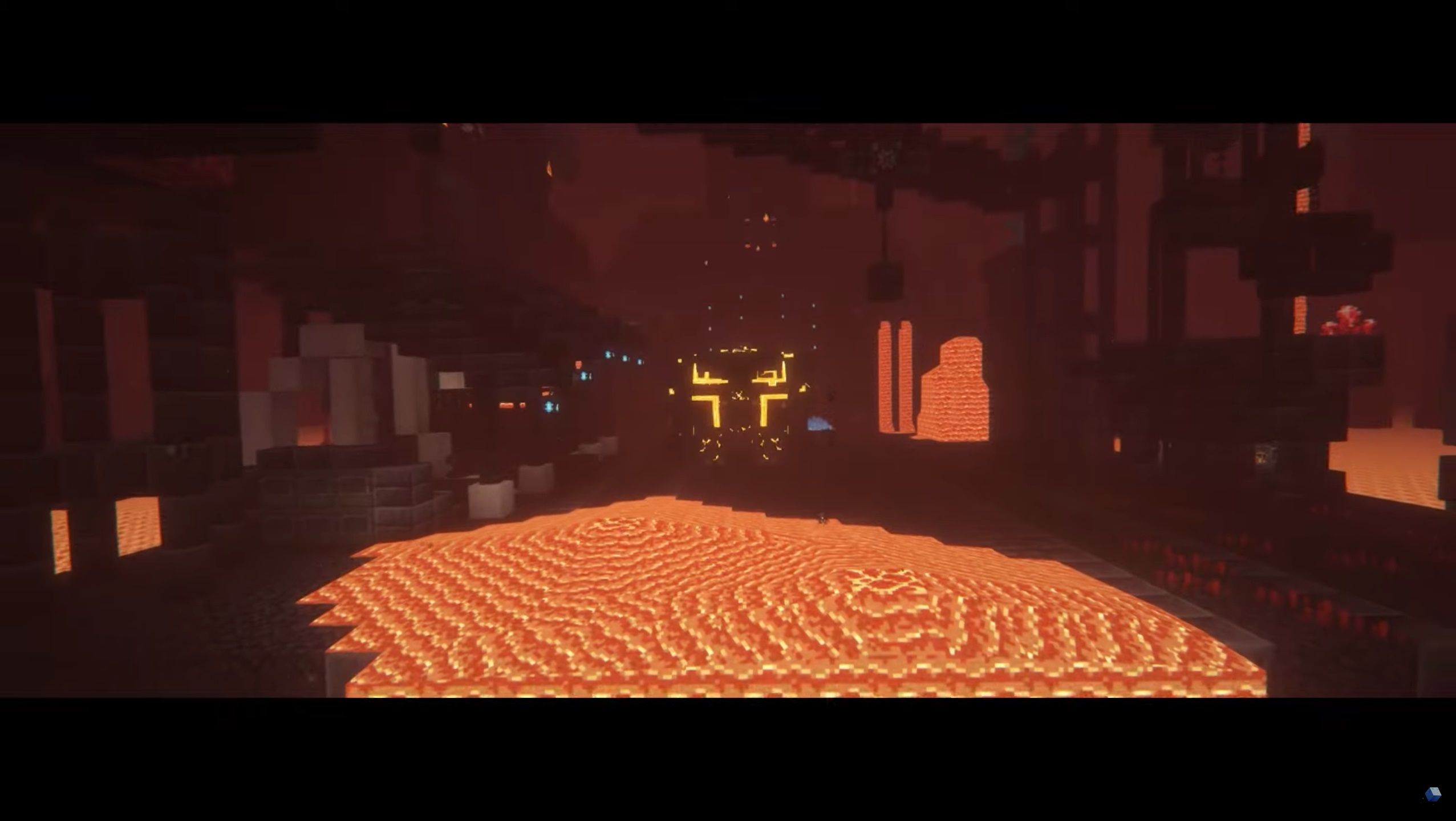 Screenshot of Minecraft video game with Fear Nightfall: Remains of Chaos mod installed of large creature standing around lava in underground setting