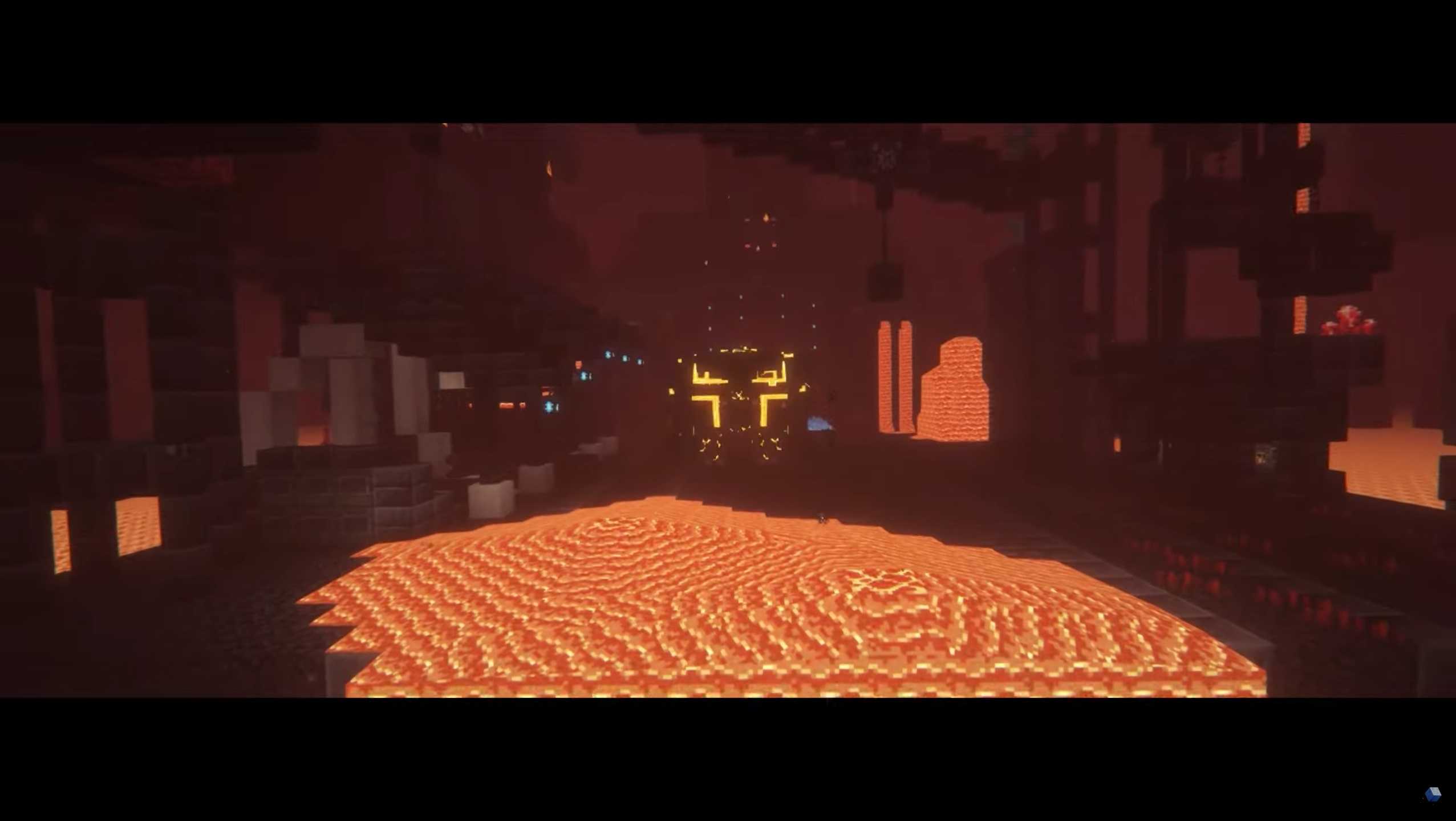 Screenshot of Minecraft video game with Fear Nightfall: Remains of Chaos mod installed of large creature standing around lava in underground setting