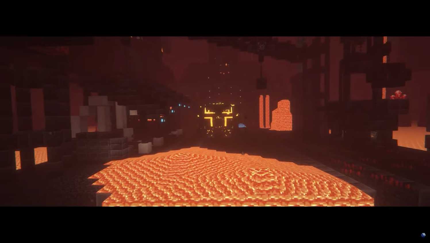 Screenshot of Minecraft video game with Fear Nightfall: Remains of Chaos mod installed of large creature standing around lava in underground setting