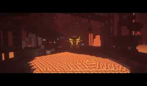 Screenshot of Minecraft video game with Fear Nightfall: Remains of Chaos mod installed of large creature standing around lava in underground setting