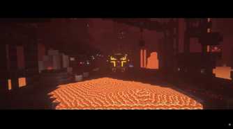 Screenshot of Minecraft video game with Fear Nightfall: Remains of Chaos mod installed of large creature standing around lava in underground setting