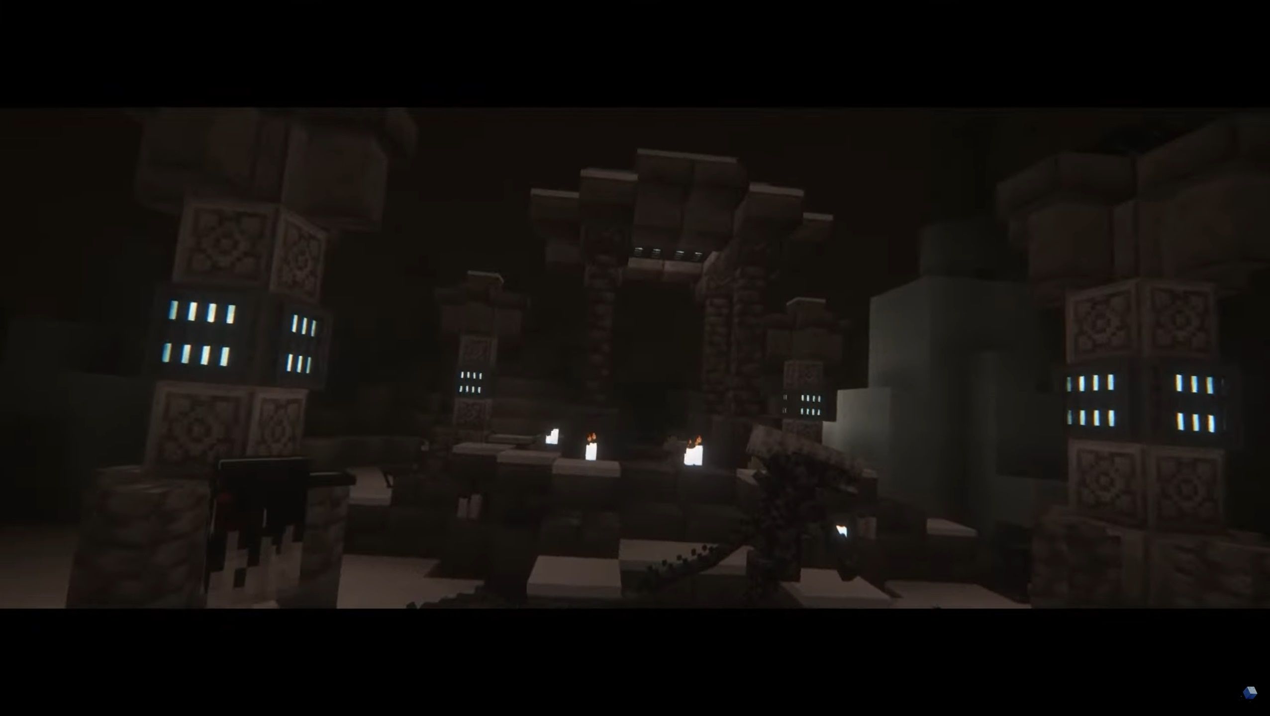 Screenshot of Minecraft with Fear Nightfall: Remains of Chaos mod installed of dark creature walking through underground interior