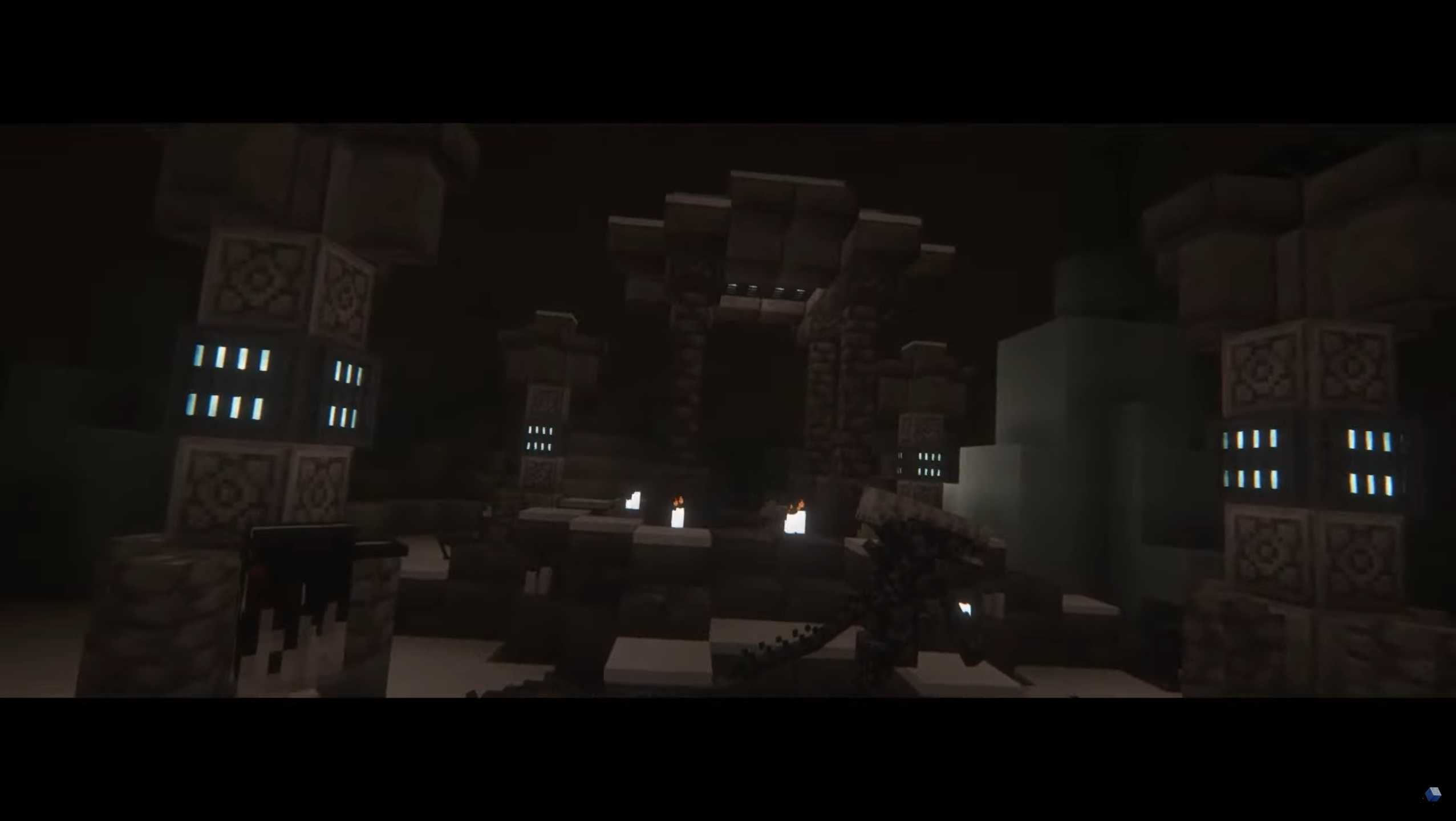Screenshot of Minecraft with Fear Nightfall: Remains of Chaos mod installed of dark creature walking through underground interior