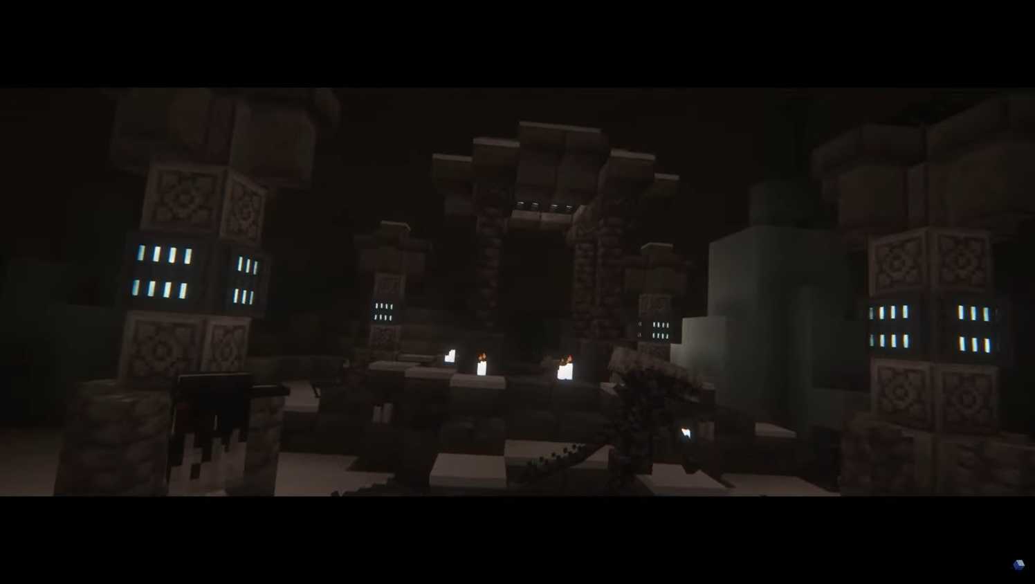 Screenshot of Minecraft with Fear Nightfall: Remains of Chaos mod installed of dark creature walking through underground interior
