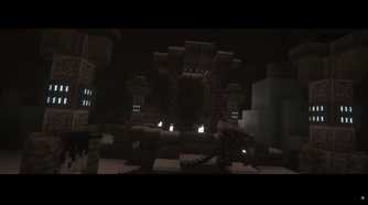 Screenshot of Minecraft with Fear Nightfall: Remains of Chaos mod installed of dark creature walking through underground interior