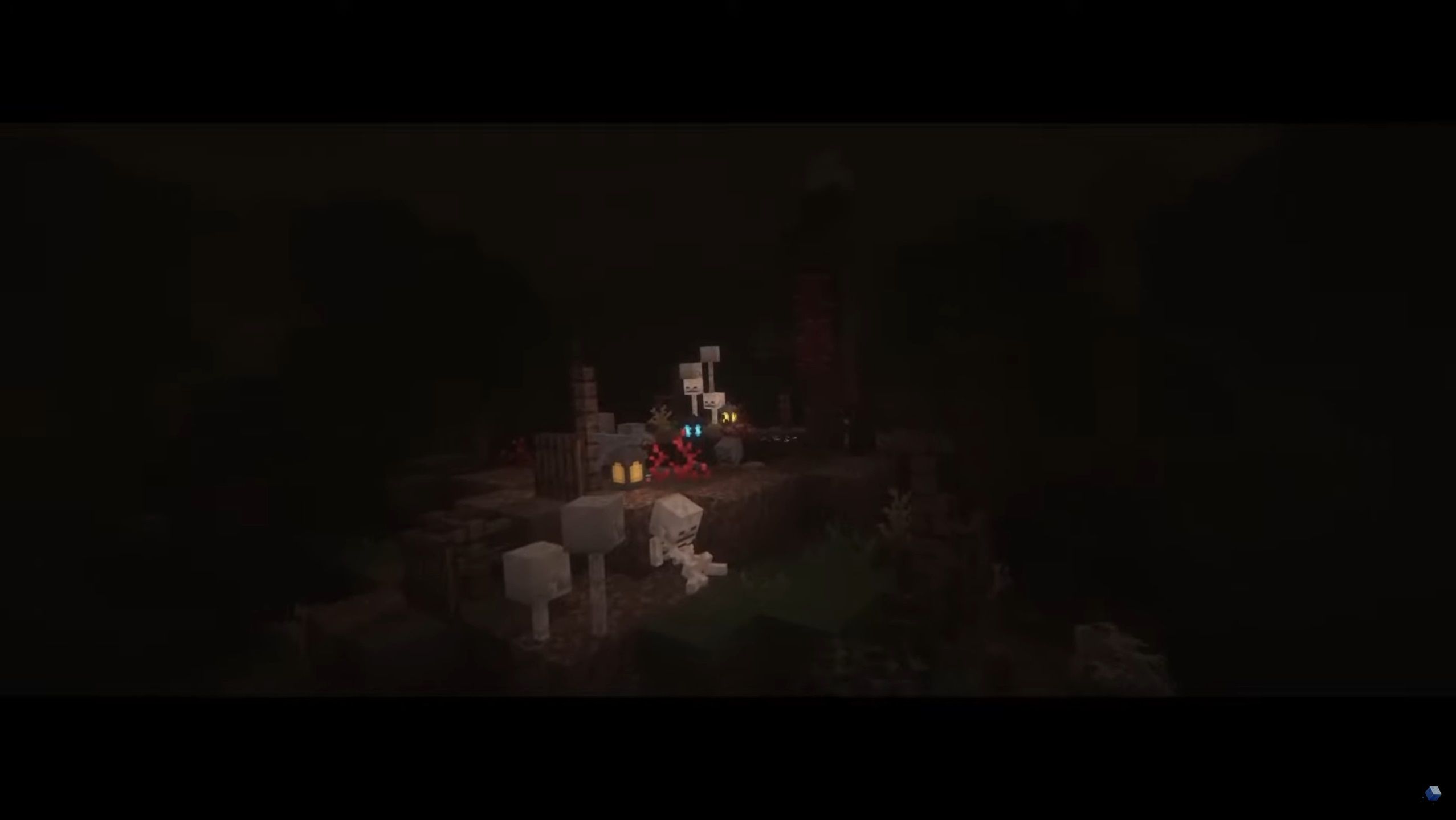 Screenshot from Minecraft video game with Fear Nightfall: Remains of Chaos mod installed of skeletons lit by small fire