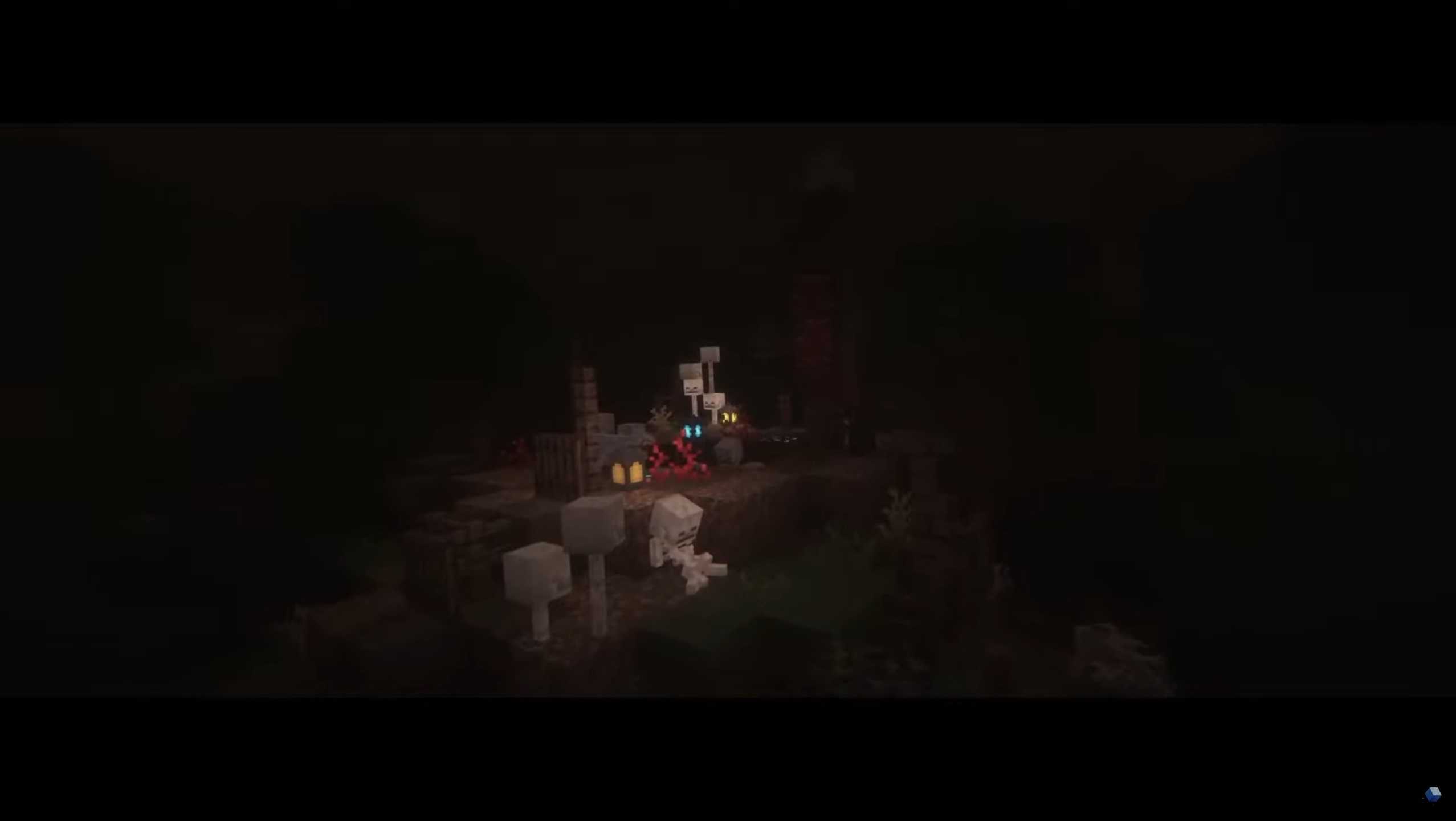 Screenshot from Minecraft video game with Fear Nightfall: Remains of Chaos mod installed of skeletons lit by small fire