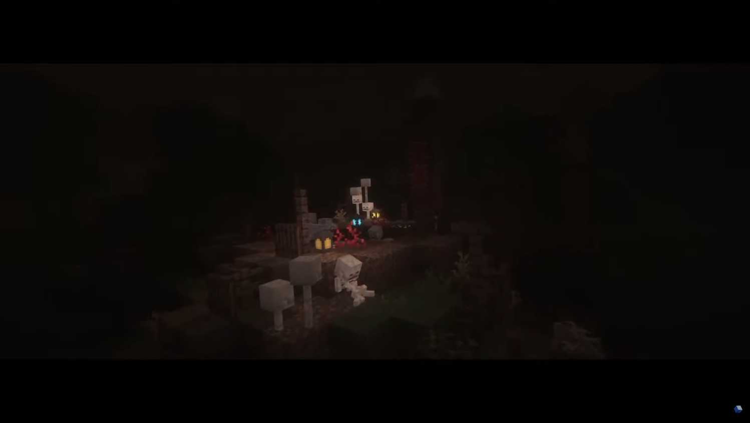Screenshot from Minecraft video game with Fear Nightfall: Remains of Chaos mod installed of skeletons lit by small fire