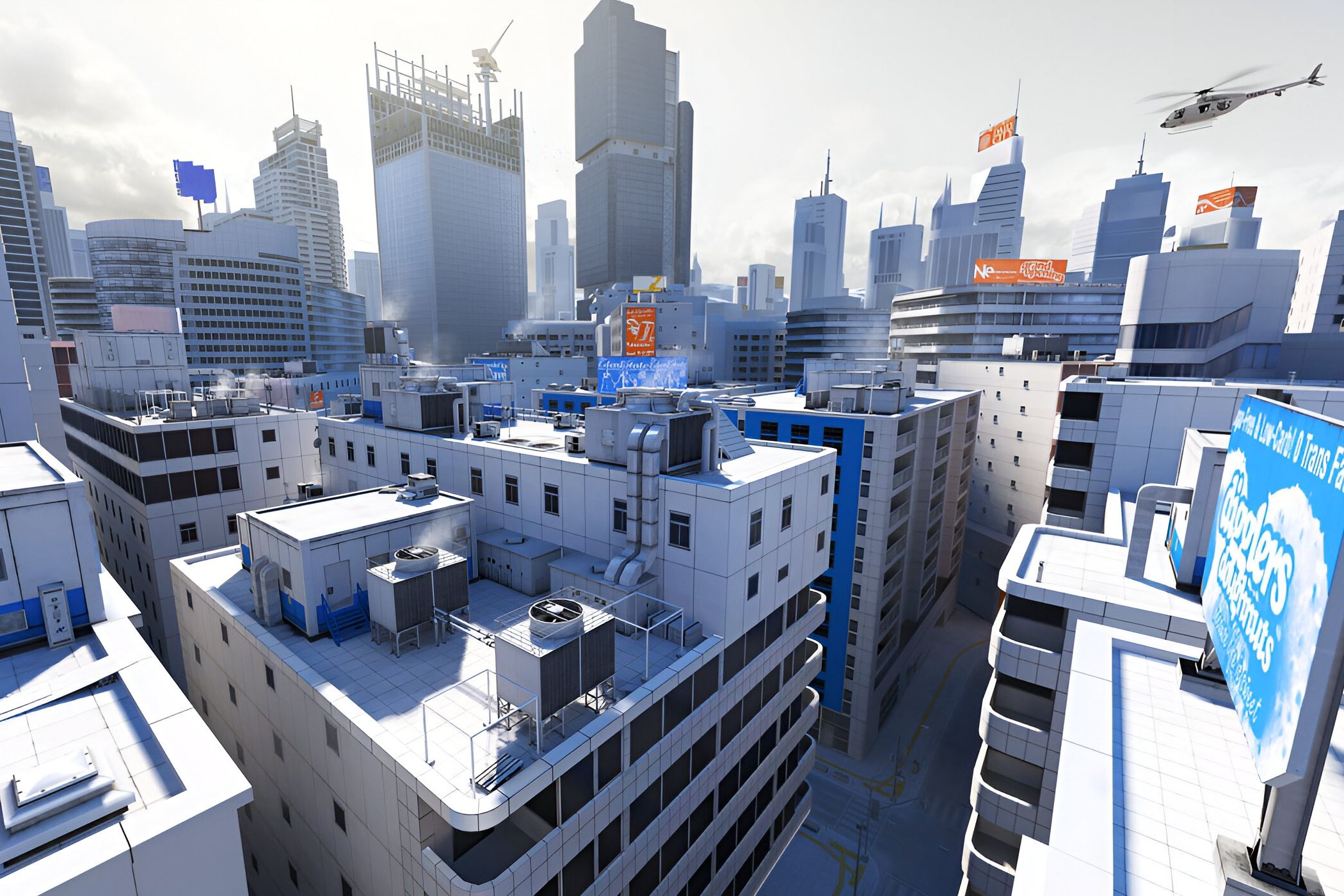 A screenshot from the game Mirror's Edge, showing the City of Glass, the game's setting.