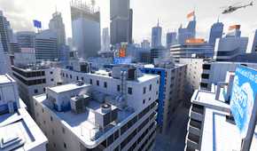 A screenshot from the game Mirror's Edge, showing the City of Glass, the game's setting.