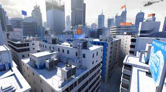 A screenshot from the game Mirror's Edge, showing the City of Glass, the game's setting.
