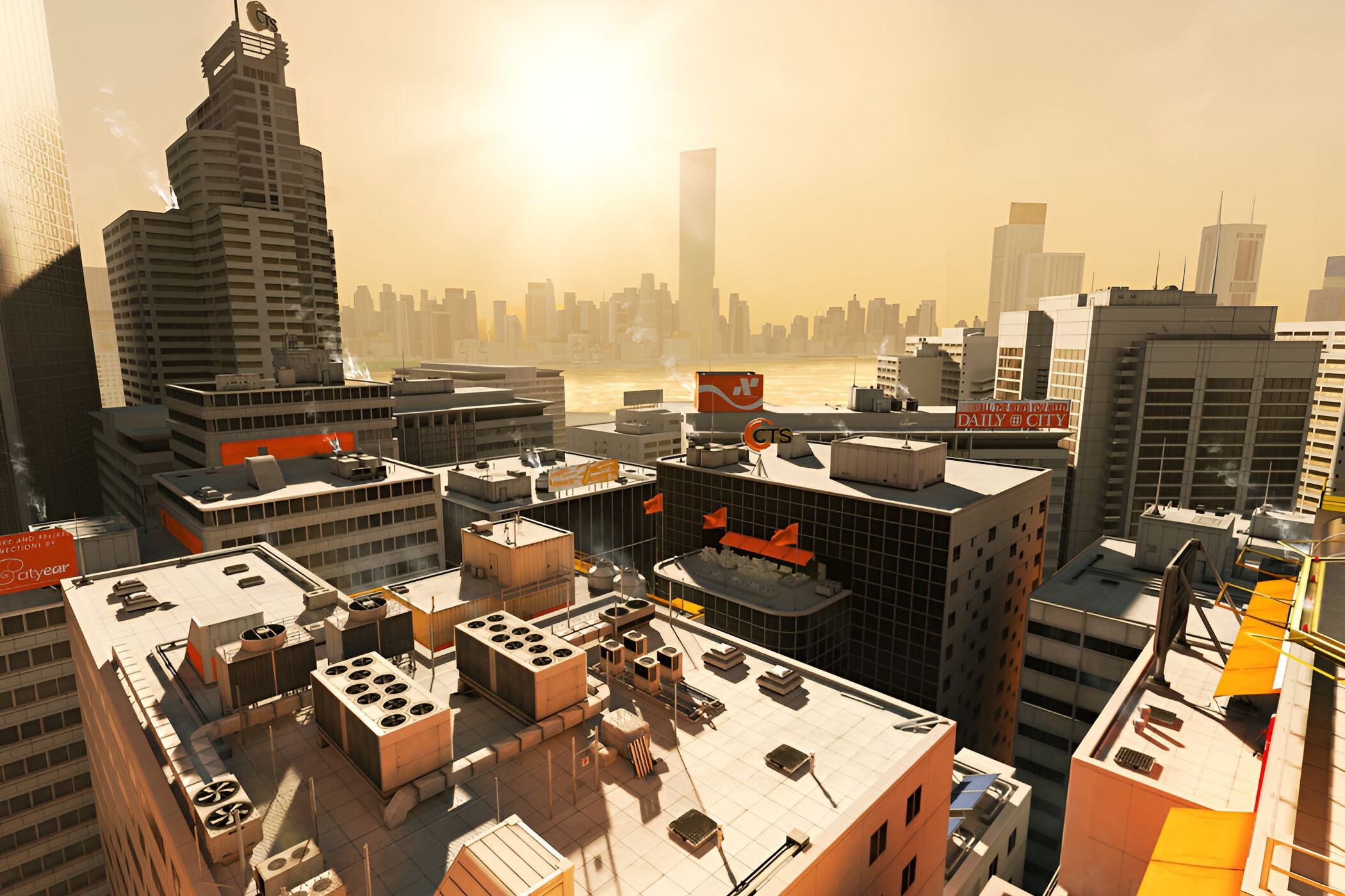 A screenshot from the game Mirror's Edge, showing the sun setting on a crisp, clean, white cityscape.