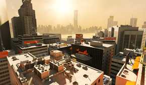 A screenshot from the game Mirror's Edge, showing the sun setting on a crisp, clean, white cityscape.