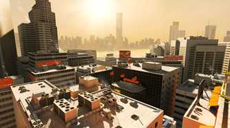A screenshot from the game Mirror's Edge, showing the sun setting on a crisp, clean, white cityscape.