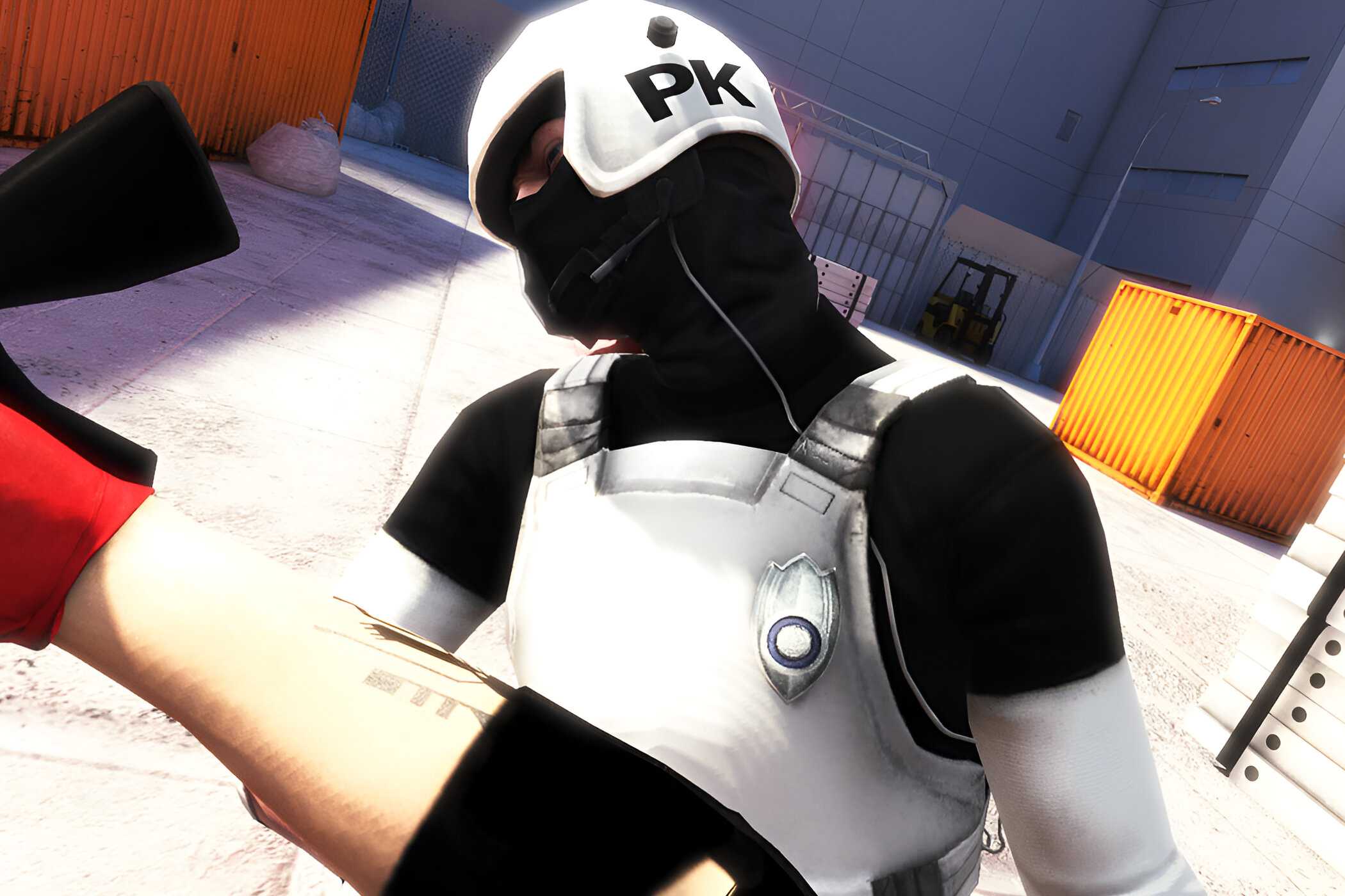A screenshot from the game Mirror's Edge, showing the first-person-view of the protagonist hitting a guard in white armor, in the face.