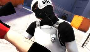A screenshot from the game Mirror's Edge, showing the first-person-view of the protagonist hitting a guard in white armor, in the face.