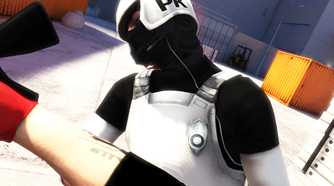 A screenshot from the game Mirror's Edge, showing the first-person-view of the protagonist hitting a guard in white armor, in the face.